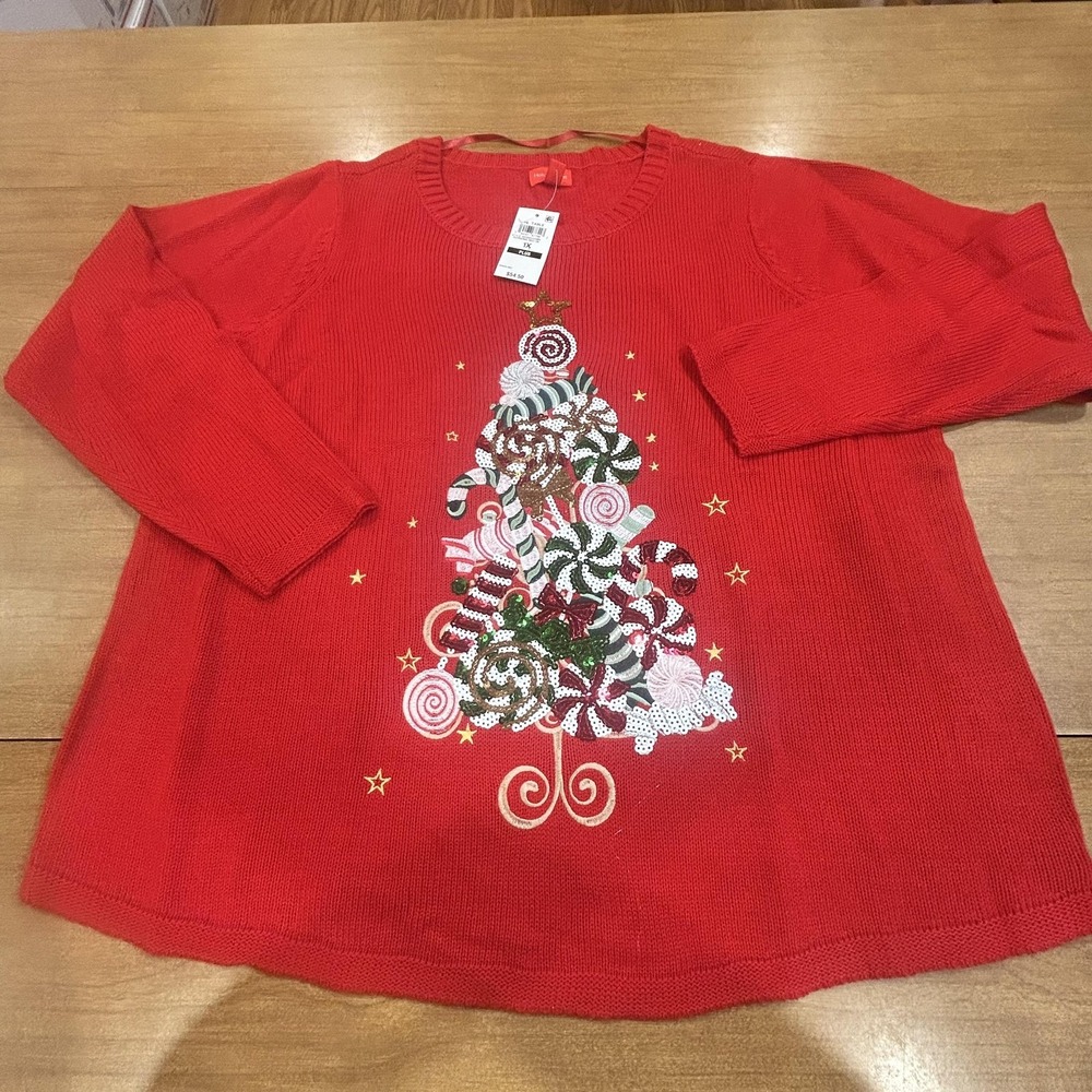 Holiday Lane Sweater Womens 1X Red Sequin Candy Cane Christmas Tree Knit NWT
